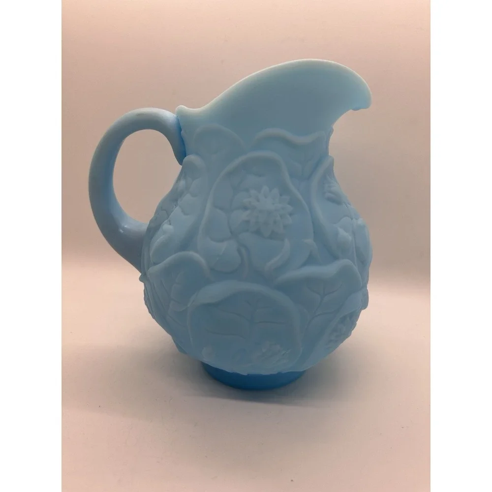 Vintage Fenton Blue‎ Satin Glass Water Lily Pattern Pitcher